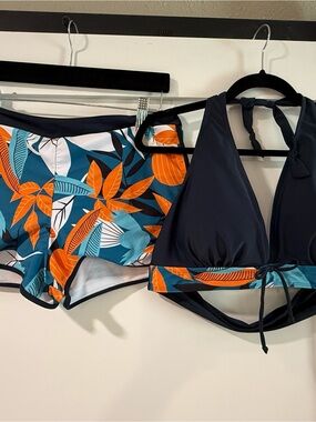 SHEIN Navy Halter Bikini Top & Tropical Orange-Teal Print Shorts
